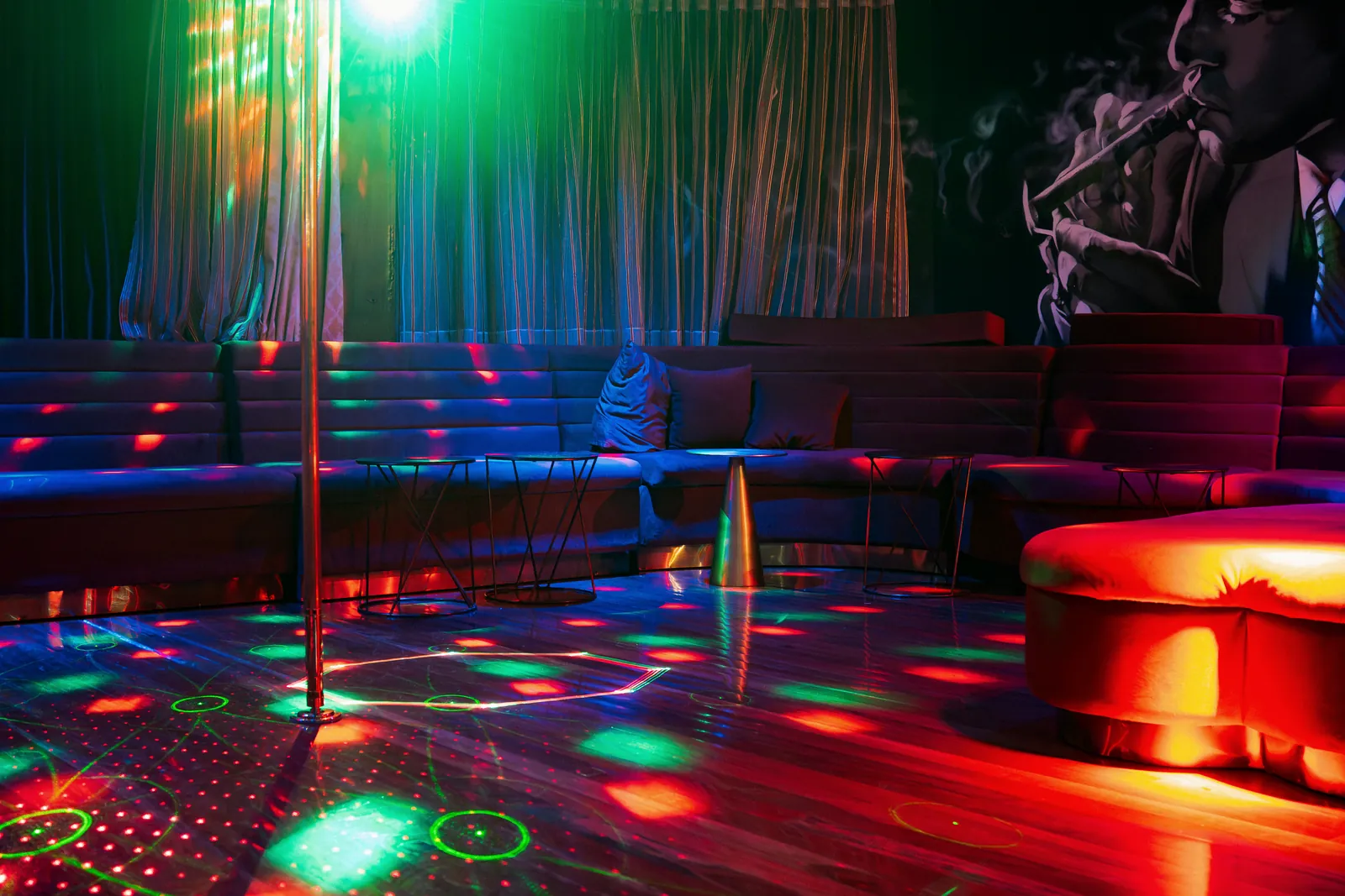 Laser light across the upstairs lounge floor