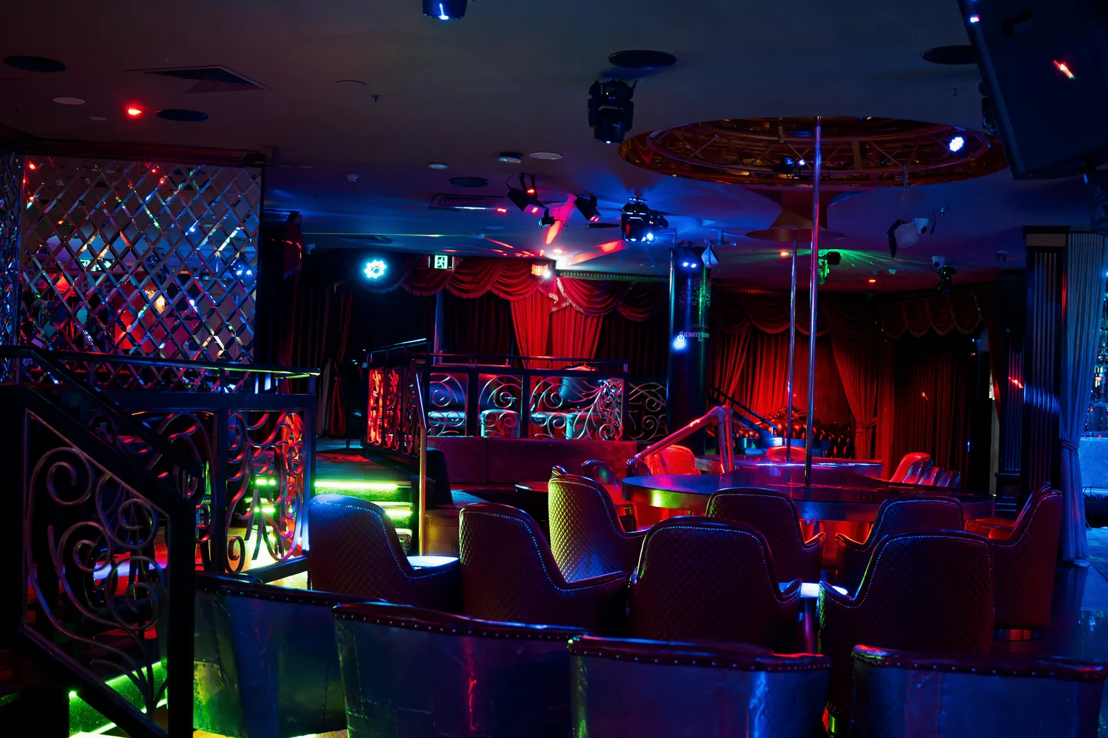 The stage canopy and quilted chairs on the main floor