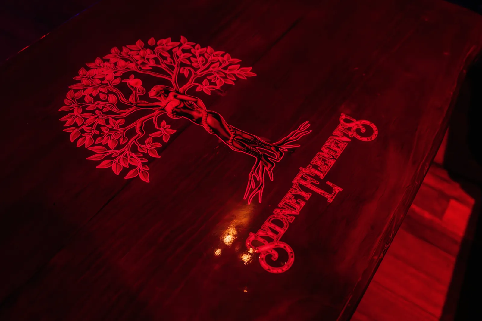 The tree emblem inlaid in the bar top
