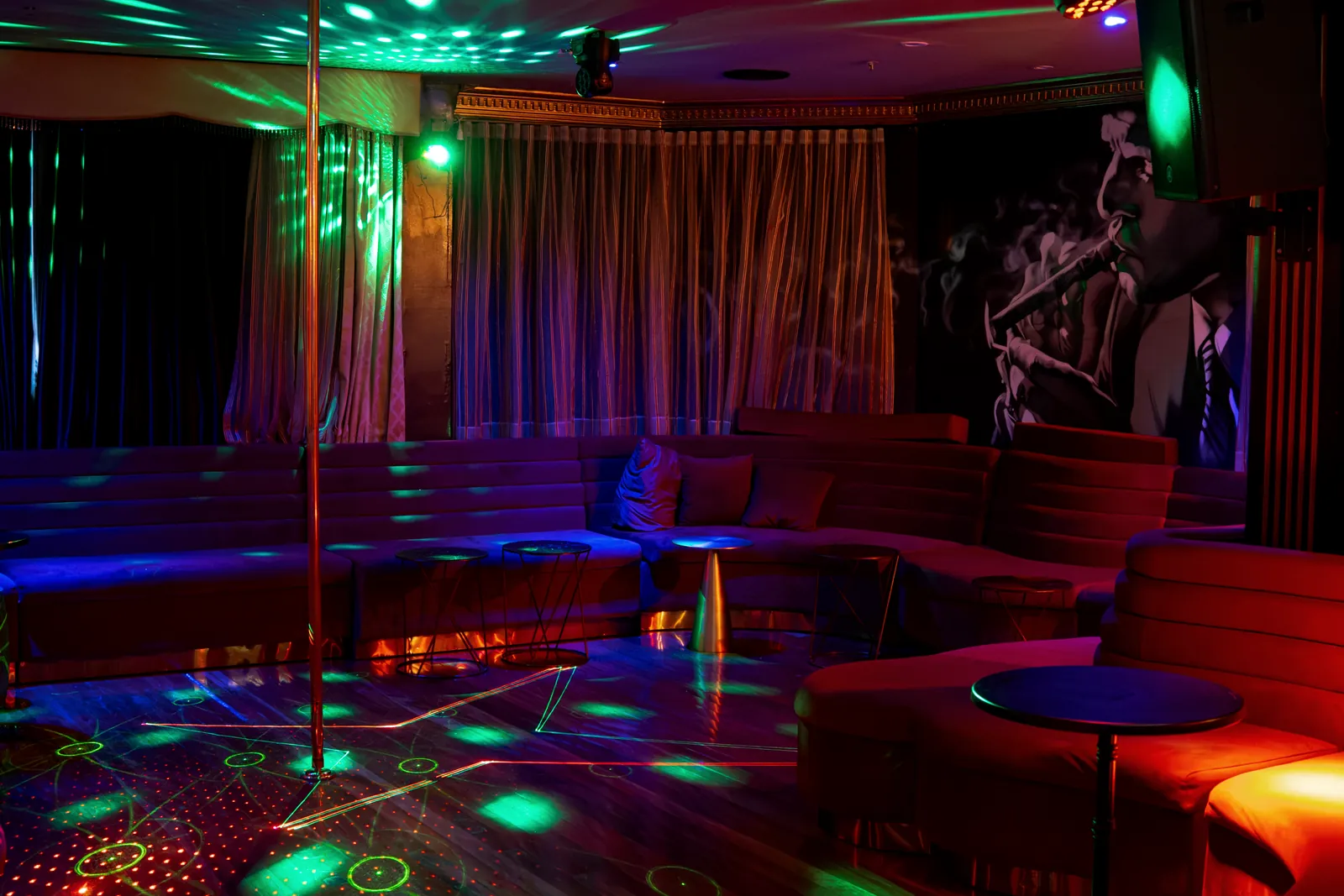 The upstairs lounge under disco light